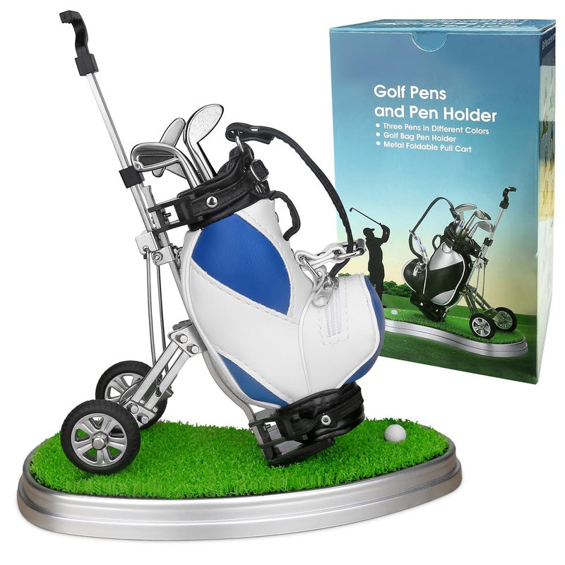 10L0L Golf Pen Holder 3 Club Pens & Movable Cart, Mini Golf Bag Desk Decor for Office, Funny Gifts for Men, Dad, Boss Stocking Stuffers for Golfers on Birthday, Christmas, Fathers Day (Blue) - Image 1